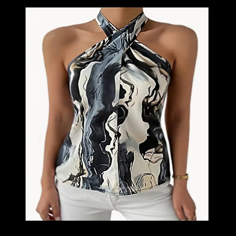 NEW Women's Marble Swirl Gray/Blk/White Halter Top